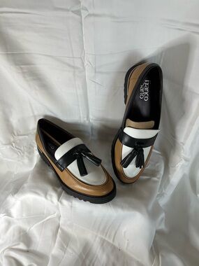 Franco Sarto Two-Tone White, Black & Tan Tassel Loafers